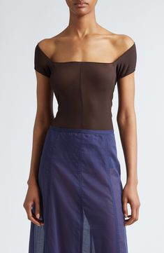 An off-the-shoulder neckline creates a cutout effect at the back of a sheer top that fits right into the Spanish designer's collection of daring essentials. 21" center front length (size Medium) Off-the-shoulder neck Short sleeves Sheer; base layer shown not included 92% viscose, 8% elastane Machine wash, dry flat Made in Portugal Designer Clothing Wide Neckline Tops For Summer Night Out, Summer Tops With Wide Neckline For Night Out, Stretch Off-shoulder Top For Summer Evenings, Elegant Summer Crop Top With Sheer Sleeves, Fitted Sheer Top With Scoop Neck, Fitted Crop Top For Summer Evenings, Off-shoulder Evening Crop Top For Summer, Summer Evening Off-shoulder Crop Top, Off-shoulder Crop Top For Summer Evenings