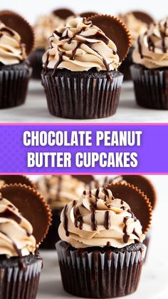 chocolate peanut butter cupcakes with frosting on top