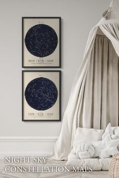 two framed pictures hang on the wall above a bed with white sheets and drapes