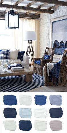 the living room is painted in shades of blue, white and grey with neutrals