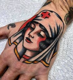 Traditional Nurse Tattoo, Trad Woman, Traditional Tattoo Nurse, Traditional Tattoo Outline, Traditional Tattoo Man, Traditional Hand Tattoo, Sick Tattoos, Old School Tattoos, Face Tattoos For Women