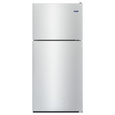 a silver refrigerator freezer sitting on top of a white wall