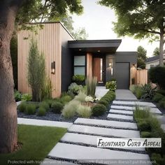 the front yard of a modern home with landscaping