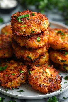 Stack of crispy, golden hash brown patties garnished with fresh chopped herbs on a white plate. Air Fryer Meal Recipes Healthy, Zucchini Fritters No Flour, Fried Spinach Crispy Air Fryer, Healthy Meals In Air Fryer, Squash Gluten Free Recipes, Zuchinis Fritters Recipe, Dinner Zucchini Recipes, Vegetables In Air Fryer Recipes, Low Carb Healthy Appetizers