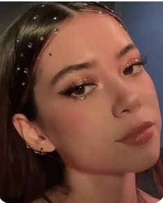 Pearly Hairstyle, Euphoria Prom Theme Outfits, Prom Hairstyle Straight Hair, Glitter Night Outfit, Homecoming Makeup With Rhinestones, Olivia Rodrigo Concert Hair Ideas, Outfit Ideas For 21st Birthday, Eras Tour Makeup Ideas Folklore, Bedazzled Hairstyles