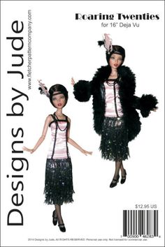 two dolls in black and white outfits with fringes on the sides, one is wearing a