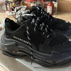 Only Used A Couple Of Times Black Pointed Toe Synthetic Sneakers, Black Designer Synthetic Sneakers, Black Pointed Toe Sneakers With Rubber Sole, Black Pointed Toe Sneakers With Branded Insole, Black Balenciaga, Balenciaga Shoes, Shoes Black, Womens Shoes Sneakers, Limited Time