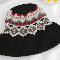 Knitted Bucket Hat Tribal Design Patterns Beautiful Seasonal Colors Warm & Cozy Adjustable Knitted Gray Hat, Adjustable Gray Crochet Hat For Winter, Gray Knitted Winter Hats, Adjustable Knit Crochet Winter Hat, Adjustable Knit Crochet Hat For Winter, Casual Black Acrylic Beanie, Black Acrylic Beanie, Brimmed Knit Hats For Winter, Gray Brimmed Crochet Hat For Winter