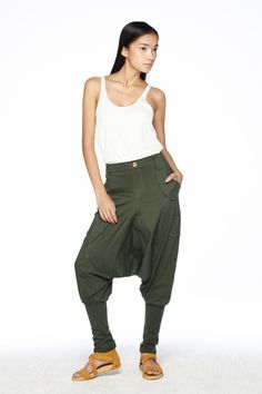 NO.95 Dark Olive Cotton Jersey Casual Harem Pants by JoozieCotton Casual Cotton Harem Pants Pull-on Style, Green High-waisted Cotton Harem Pants, Non-stretch Summer Harem Pants With Side Pockets, Solid Color Pull-on Harem Pants With Relaxed Fit, Non-stretch Cotton Harem Pants With Side Pockets, Womens Joggers, Unisex Pants, Unique Pockets, Patchwork Shirt