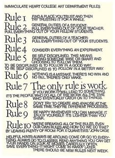 a poster with the rules for rules to use in an art project, which includes handwritten