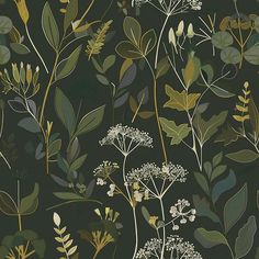 Mattie Wallpaper - Painted Paper Juniper Wallpaper Bathroom, Wallpaper To Match Dark Green, Dark Green And Brown Wallpaper, Green Tone Wallpaper, Dave Wallpaper, Entry Wallpaper, Dark Botanical Wallpaper, Repeating Wallpaper, Nature Inspired Wallpaper