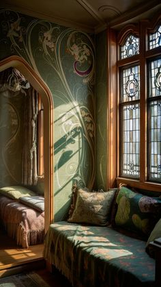 the sun shines through two large windows into a bedroom with green walls and patterned wallpaper