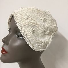 "Great vintage Glass beaded satin lined hat! Absolutely beautiful! Good vintage condition, please look at all pictures closely. It is from the 1940s or 1950s. Great fir photo shoots! John Cartier Size 19\" inch diameter,adjustable." Vintage Cream Costume Hat With Curved Brim, Adjustable Vintage Cream Costume Hat, Luxury Vintage Cream Hat, Adjustable Cream Vintage Costume Hat, Luxury Cream-colored Hat Headpiece, Body Condition, Fashion Beads, Fashion White, Vintage Clothes Women