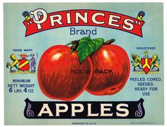 an advertisement for prince's brand apples with two large red tomatoes on the front