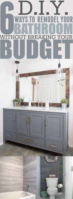 a bathroom with gray cabinets and white fixtures