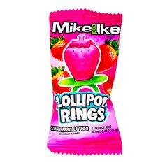 a pink bag of yolip rings with strawberries on it's front and bottom