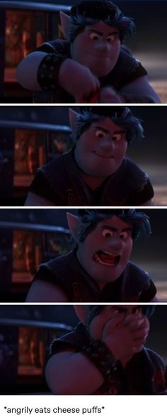 an animated character is shown in three different frames with caption that reads, angrytest cheese puffs