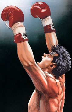 a drawing of a man with his hands up in the air while wearing boxing gloves