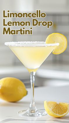 the lemon drop martini is garnished with sugar