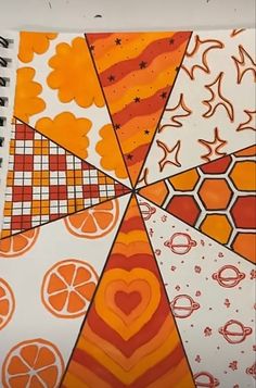 an art work with oranges and hearts in the center, surrounded by other patterns