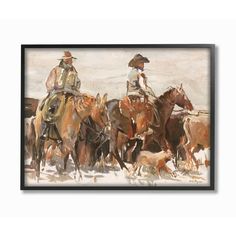 two men riding horses with dogs in the snow