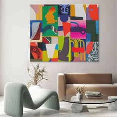 a modern living room with an abstract painting on the wall