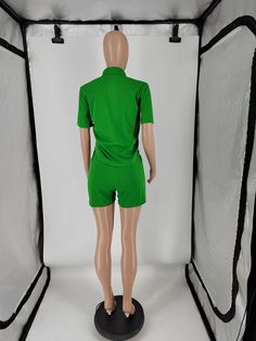 Solid Color Short Sleeve Shirt Tops and Shorts Suit Green Collared Sets For Spring, Green Collared Spring Sets, Green Short Sleeve Short Set For Spring, Green Fitted Short Sets, Fitted Green Sets With Short Length, Summer Green Collared Sets, Fitted Green Tops With Matching Set, Green Fitted Matching Set Tops, Fitted Green Tops Matching Set