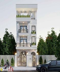 a car parked in front of a tall white building