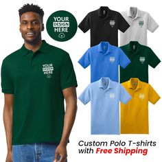 This personalized men's shirt is a must-have for anyone looking for a unique gift or a way to promote their brand. Made in the United States with a 50/50 cotton and poly material, this shirt features a solid pattern, short sleeves, and a round neck. The garment care is hand wash only. With accents that include your very own logo and custom text, this Gildan regular fit shirt comes in sizes S through 3XL. Perfect for any occasion, this shirt is sure to stand out with its funny, custom, and printed design. Get your very own personalized men's shirt today! Note: These are printed Polo not embroidered and we are using Gildan brand Product Description > DTF Printed > 6-ounce, 50/50 cotton/poly > DryBlend moisture-wicking properties > Tear-away label > Contoured welt knit collar and cuffs > 3-bu Black Cotton Polo Shirt With Custom Print, Customizable Green Cotton Shirt, Green Short Sleeve Shirt For Father's Day, Green Cotton Shirt For Father's Day, Father's Day Green Short Sleeve Shirt, Business Casual Polo, Text Gift, Print Design Pattern, Knit Collar