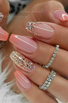 Spring Nails 2023 Metallic, Pink Metallic Ombre Nails, Short Coffin Shape Nails Designs Glitter, Classy Spring Nails 2023, Fake Nails With Gems, Summer Wedding Guest Nails Ideas, Classy Spring Nails Square, Trending Nails For 2023, Round Acrylic Nails Spring