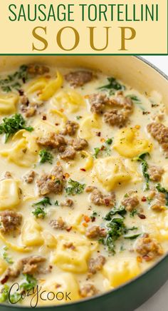 sausage tortellini soup in a green pot garnished with rep pepper flakes Creamy Tortellini And Sausage Soup, Cozy Recipes Comfort Foods, Game Day Soup, Italian Sausage And Tortellini Soup, Tortilini Recipes Soups, Sausage Tortilla Soup, Fall Soups Recipes, Best Soups Ever, Christmas Soup Recipes Holidays