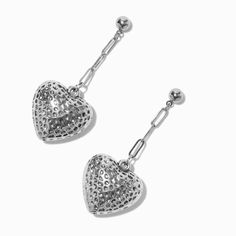 Claire's Hematite Crater Heart Chain Drop Earrings Party Silver Heart Earrings With Beads, Dangle Heart Bead Earrings, Metal Heart Earrings With Heart Beads, Dangle Heart Earrings With Heart Beads, Metal Heart Dangle Earrings With Heart Beads, Metal Dangle Heart Earrings With Heart Beads, Heart Shaped Clip-on Earrings For Formal Occasions, Claires Heart Earrings, Claires Earrings Claire's