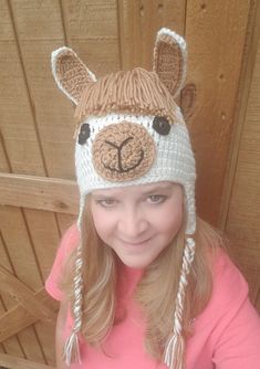 Llama Beanie with or without ear flaps & tails Colors of this listing : Ivory & Tan Custom colors are available! You can choose the hat with or without tails. Need your order Rushed ?? https://www.etsy.com/listing/609755346/rush-my-order?ref=listing_published_alert Sizes **All measurements below are approximations based on standard sizes. Made to fit head sizes: [circumference x depth] listed in inches 0-3 Months 15-16 x 5 3-6 Months 16-17 x 6.5 6-12 Months 17-18 x 6.5 Toddler (2-4 years Llama Hat, Alpaca Pattern, Crochet Llama, Llamas With Hats, Crochet Character Hats, Hat With Ear Flaps, Llama Llama, Loom Knitting Projects, I Love This Yarn