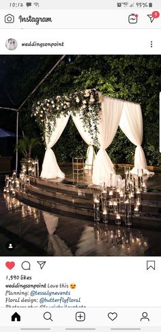 an instagram page with candles and flowers on the stage for a wedding ceremony at night