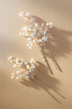 Adorned with a mix of opal crystals and freshwater pearls, these gorgeous hair pins have just the right amount of sparkle for your pretty updo. | Baby's Breath Pearl and Crystal Hair Pins, Set of 2 by Twigs & Honey in White, Women's, Gold/Freshwater Pearl at Anthropologie Something Blue Hair Pin, Gold Bridal Hair Accessories, Blue Hair Pins, Pearl Hair Accessories, Bridal Hair Pins Pearl, Wedding Hair Clip, Pearl Hair Comb, Fingertip Veil, Pearl Veil