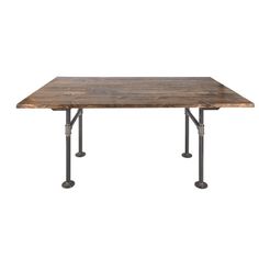 a wooden table with metal legs on a white background