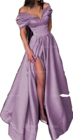 A Line Off The Shoulder Short Sleeve Satin Long Floor Length Prom Dress Outfits For Women With Ruffles Split Purple A-line Evening Dress For Bridesmaids, Purple A-line Gown For Banquet, Purple Off-shoulder Gown For Formal Occasions, Purple Off-shoulder Formal Gown, Off-shoulder Purple Gown For Formal Occasions, Purple Fitted Off-shoulder Gown, Fitted Off-shoulder Purple Gown, Lavender A-line Prom Dress, Lavender Sleeveless Evening Dress