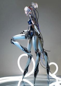 a futuristic woman is dancing with wires all over her body