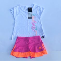 Adorable Baby Girls Adidas Skorts Set , Size 12mo White Ruffled Bottoms For Playwear, Cute White Short Sets, White Ruffled Playtime Sets, Pink Adidas Cotton Set, Adidas Pink Cotton Sets, Pink Cotton Adidas Sets, Adidas Pink Playwear Sets, Fitted White Adidas Sets, Adidas Pink Sets For Spring