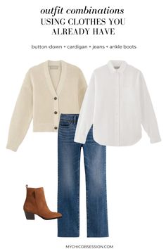 9 Easy Outfit Combinations You Already Have in Your Wardrobe - MY CHIC OBSESSION Chic Comfortable Outfits, Womens Outfits 2024, Casual Early Fall Outfits, White Cardigan Outfit, Style List, Creative Outfits