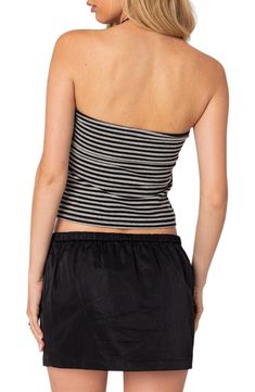 Playful stripes refresh a cropped tube top cut from comfortable stretch jersey. Strapless 45% cotton, 45% polyester, 10% spandex Machine wash, dry flat Imported Striped Fitted Crop Top Tank, Fitted Striped Crop Top Tank, Striped Fitted Cropped Top, Fitted Striped Cropped Top, Seamless Cotton Bandeau Crop Top, Striped Stretch Crop Top, Striped Cropped Tank Top, Trendy Striped Stretch Crop Top, Black Stretch Cotton Tube Top