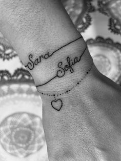 a wrist tattoo with the name sara sofia written in cursive writing on it