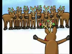 a reindeer is standing in front of a group of deers with christmas decorations on their antlers