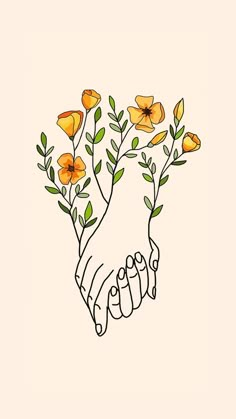 a drawing of two hands holding flowers