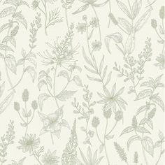 a white wallpaper with green flowers and leaves on the back ground, in front of a beige background