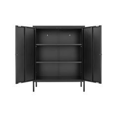 an open black cabinet with shelves and doors