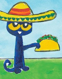 a drawing of a cat wearing a sombrero and holding a taco in one hand