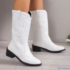 Orcajump - Embroidered High-Cut Western Cowboy Boots with Pointed Toe and Smokestack Heels White Closed Toe Winter Boots, Fitted White Boots With Flat Heel, White Fitted Boots With Flat Heel, White Closed Toe Boots For Fall, White Medium Width Winter Boots, White Fitted Casual Boots, Casual White Fitted Boots, Rough Heels, Low Heel Sandals