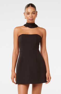 A clever strap detail creates the illusion of a strapless dress worn with a simple scarf, and all of it leads to a toastworthy cocktail look. Hidden back-zip closure High neck Lined 94% polyester, 6% elastane Dry clean Imported