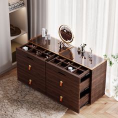 a large wooden dresser with drawers in front of a white curtained window and rug on the floor